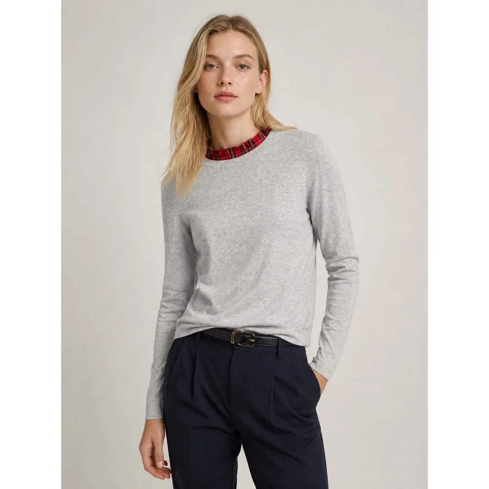 J.Crew Womens Plaid Ruffle Trim Sweater S Preppy Gray Long Sleeve Pullover‎